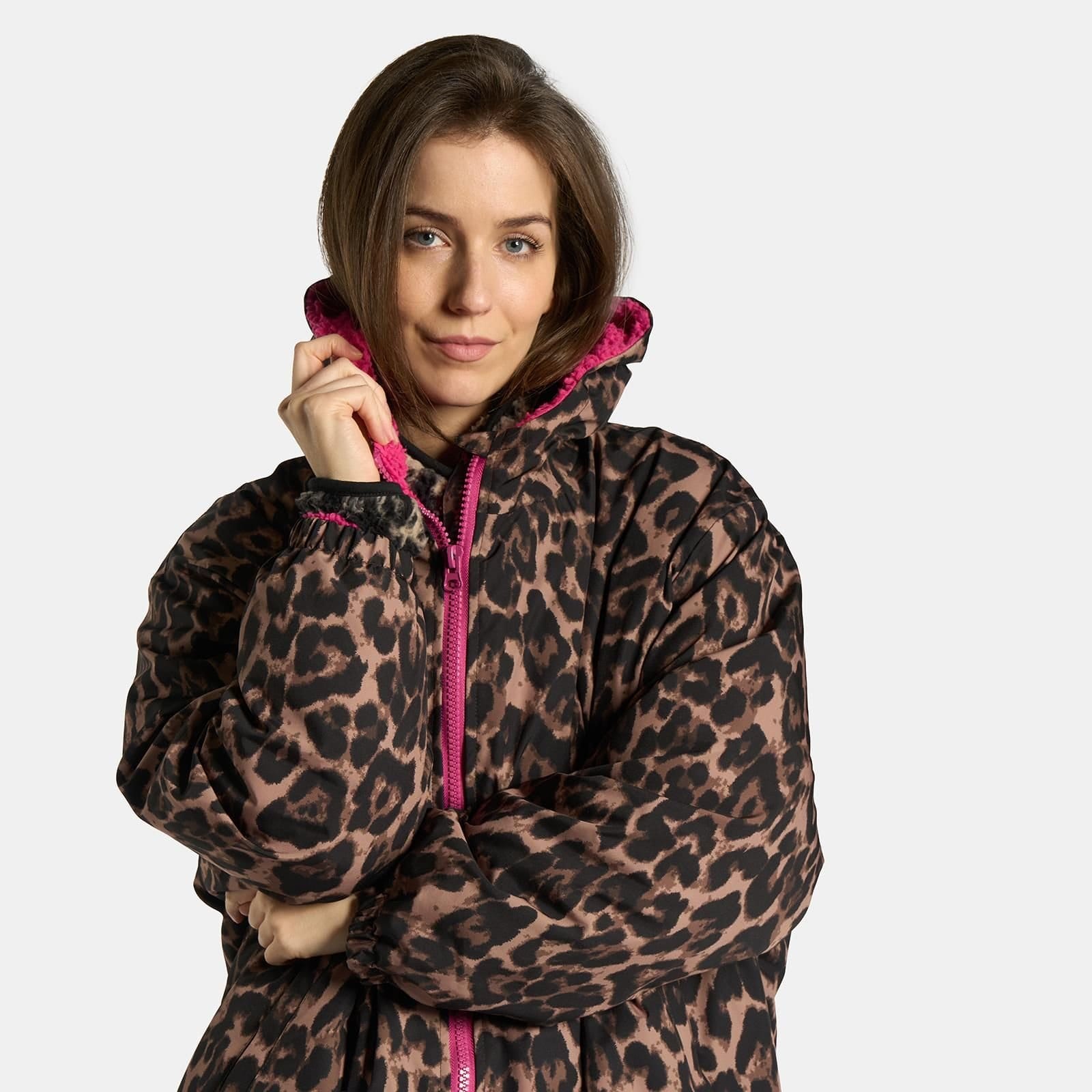 OHS OHS Women's 2 Piece Leopard Print Changing Robe & Half-Zip Teddy Fleece Co-Ord Set in Brown - 4