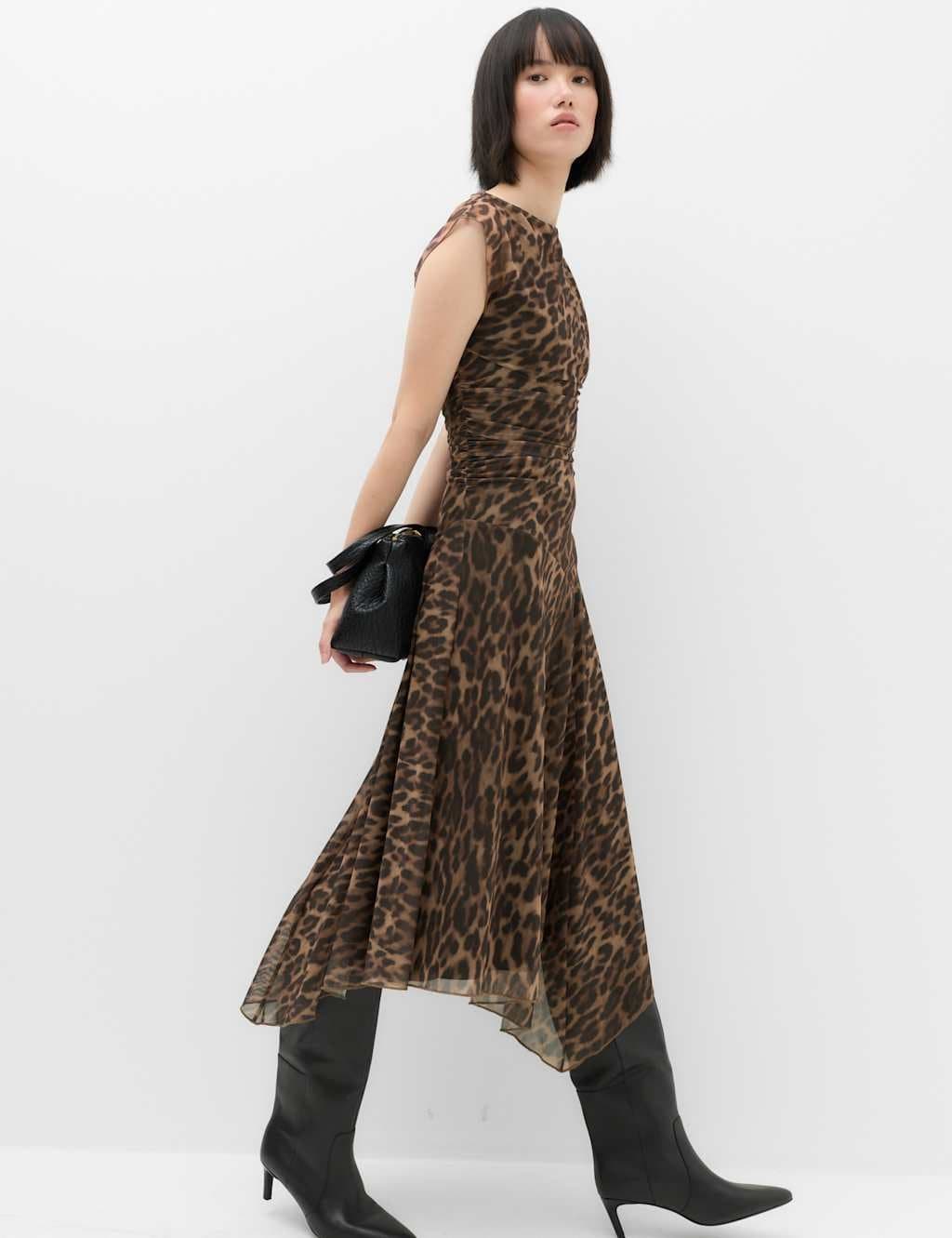 Marks & Spencer M&S Animal Print Mesh Draped Midi Waisted Dress Brown Mix