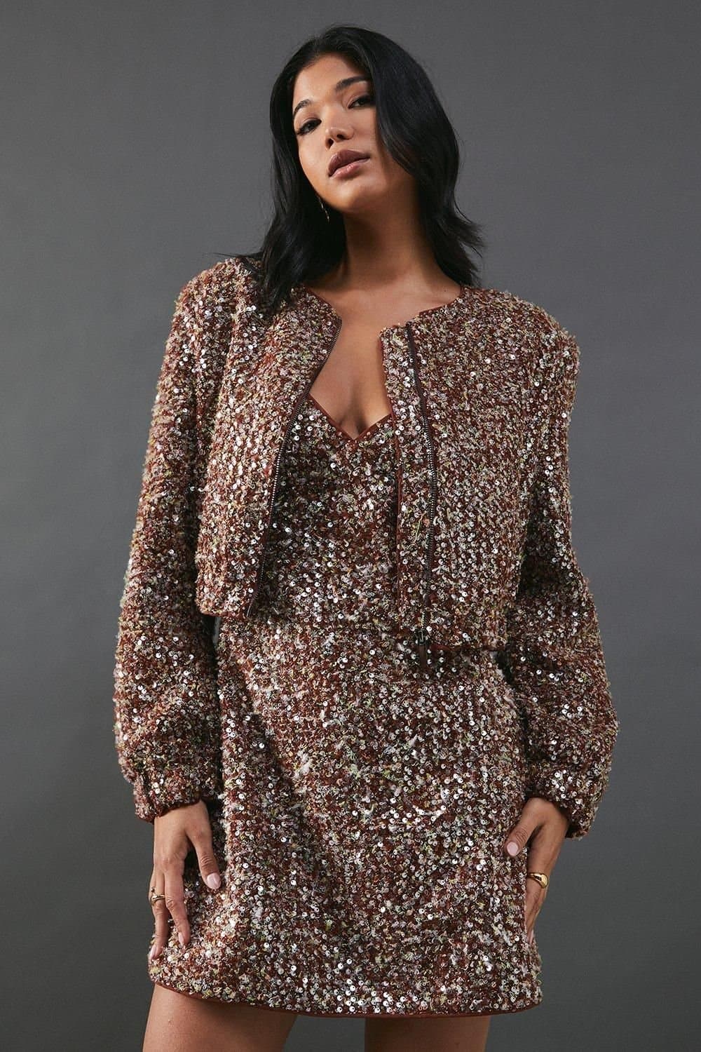 Warehouse Warehouse Women's Sequin Boucle Cardigan Bomber Jacket in Brown