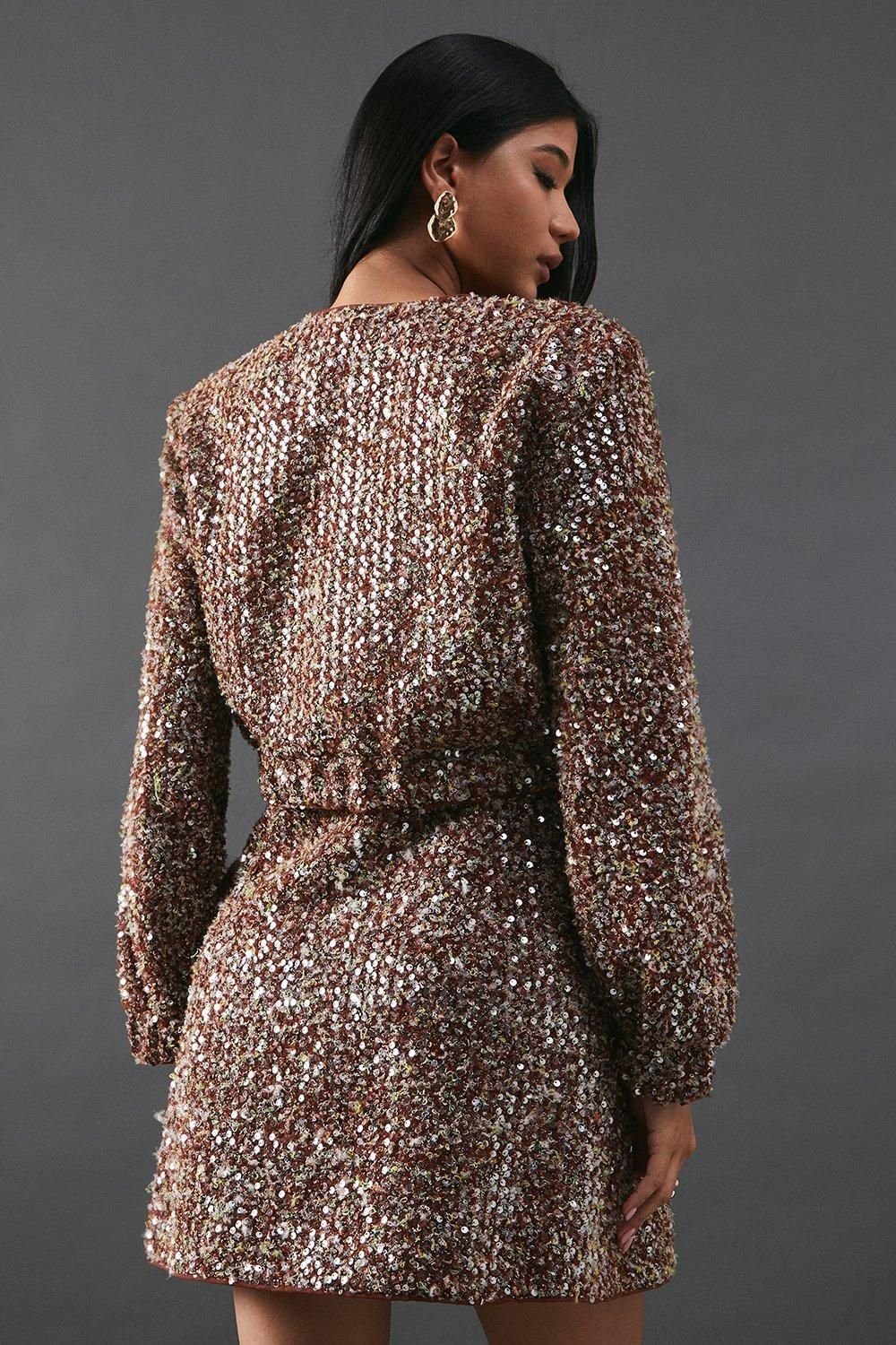 Warehouse Warehouse Women's Sequin Boucle Cardigan Bomber Jacket in Brown - 3