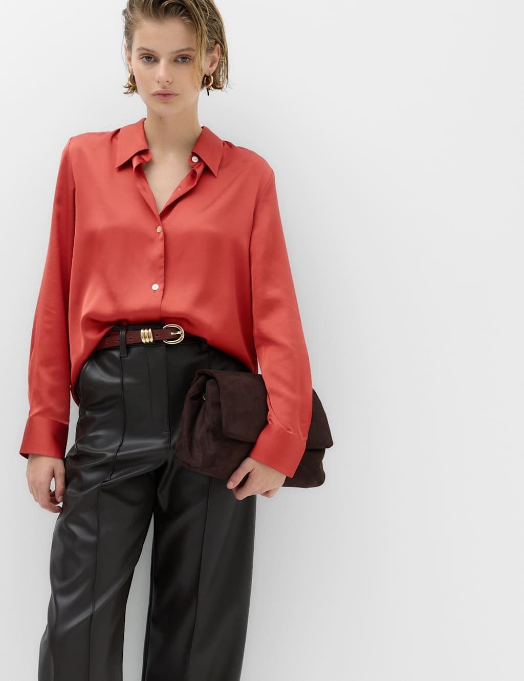 Marks & Spencer M&S Satin Collared Button Through Shirt Paprika