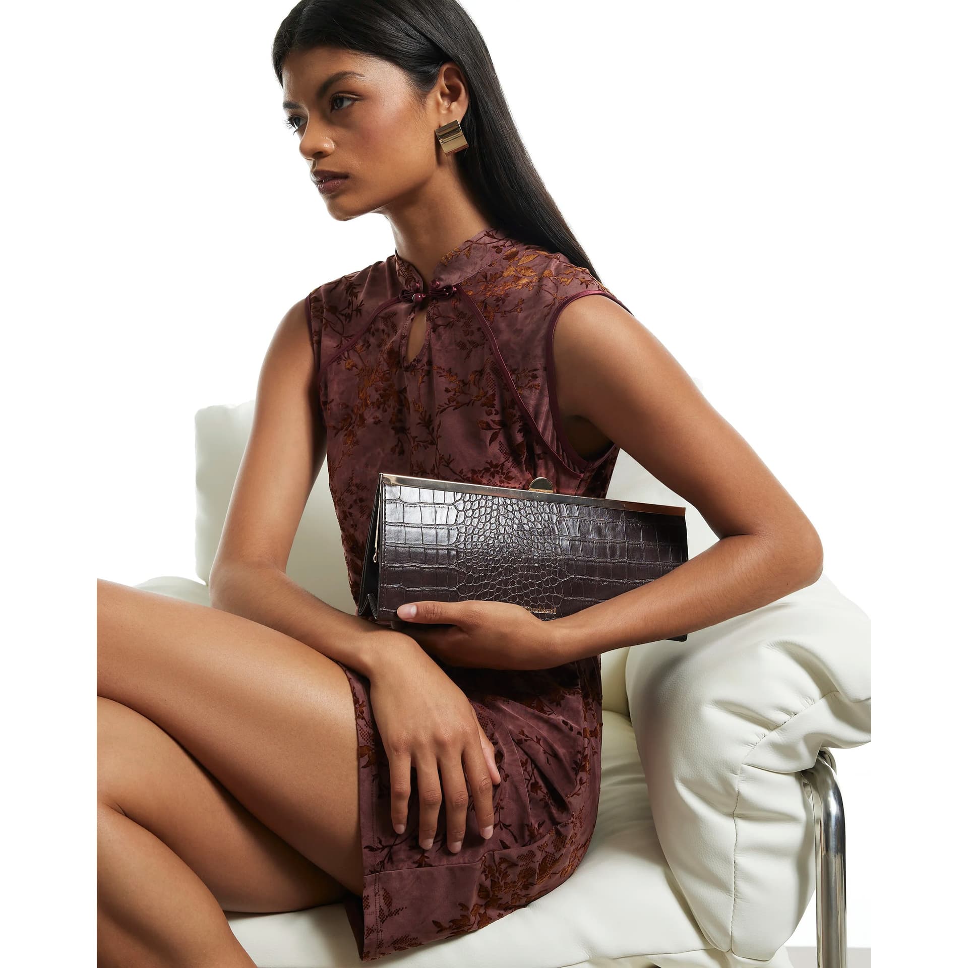 River Island River Island Womens Brown Croc Embossed East West Clutch Bag