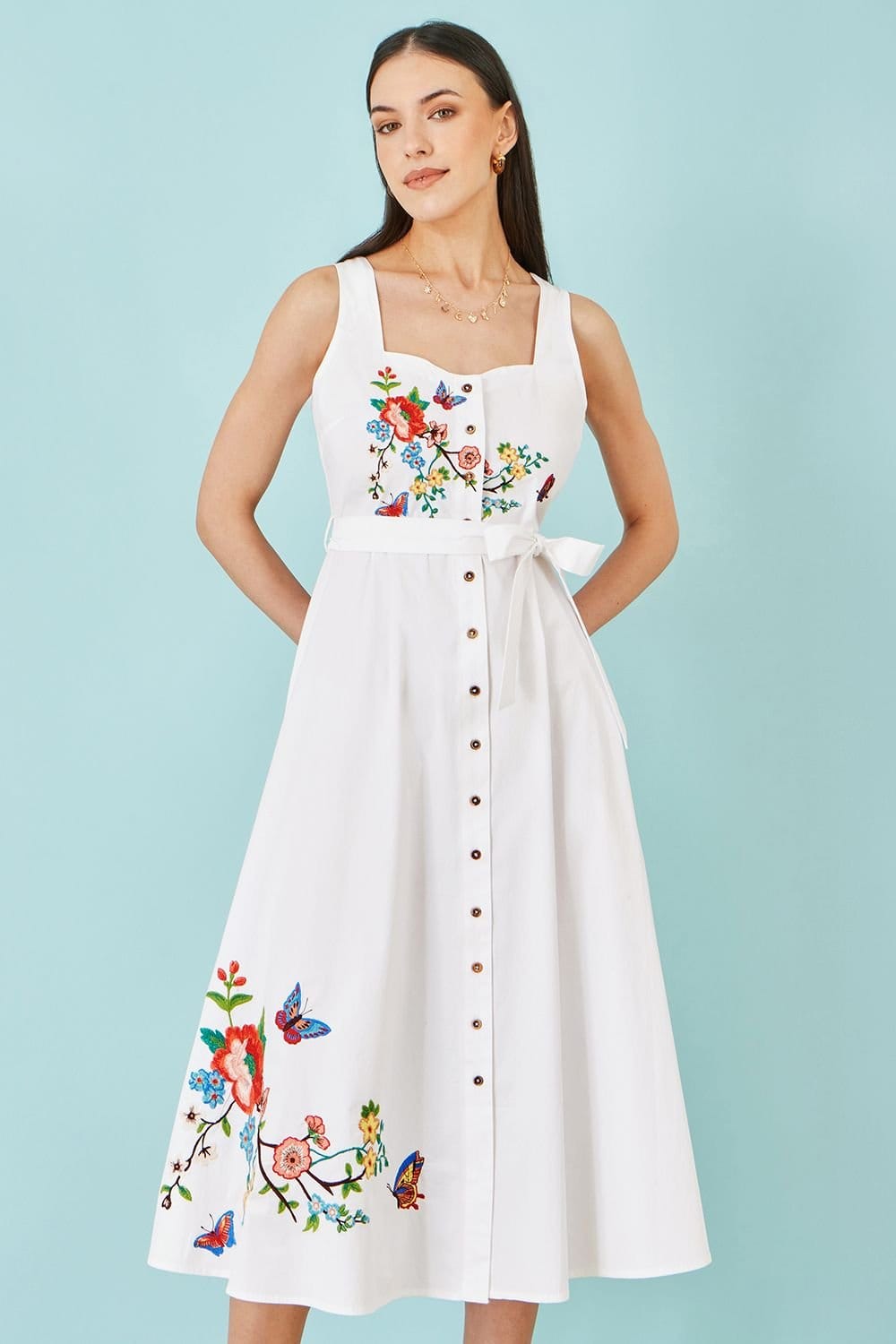 Yumi White Cotton Midi Dress With Embroidery
