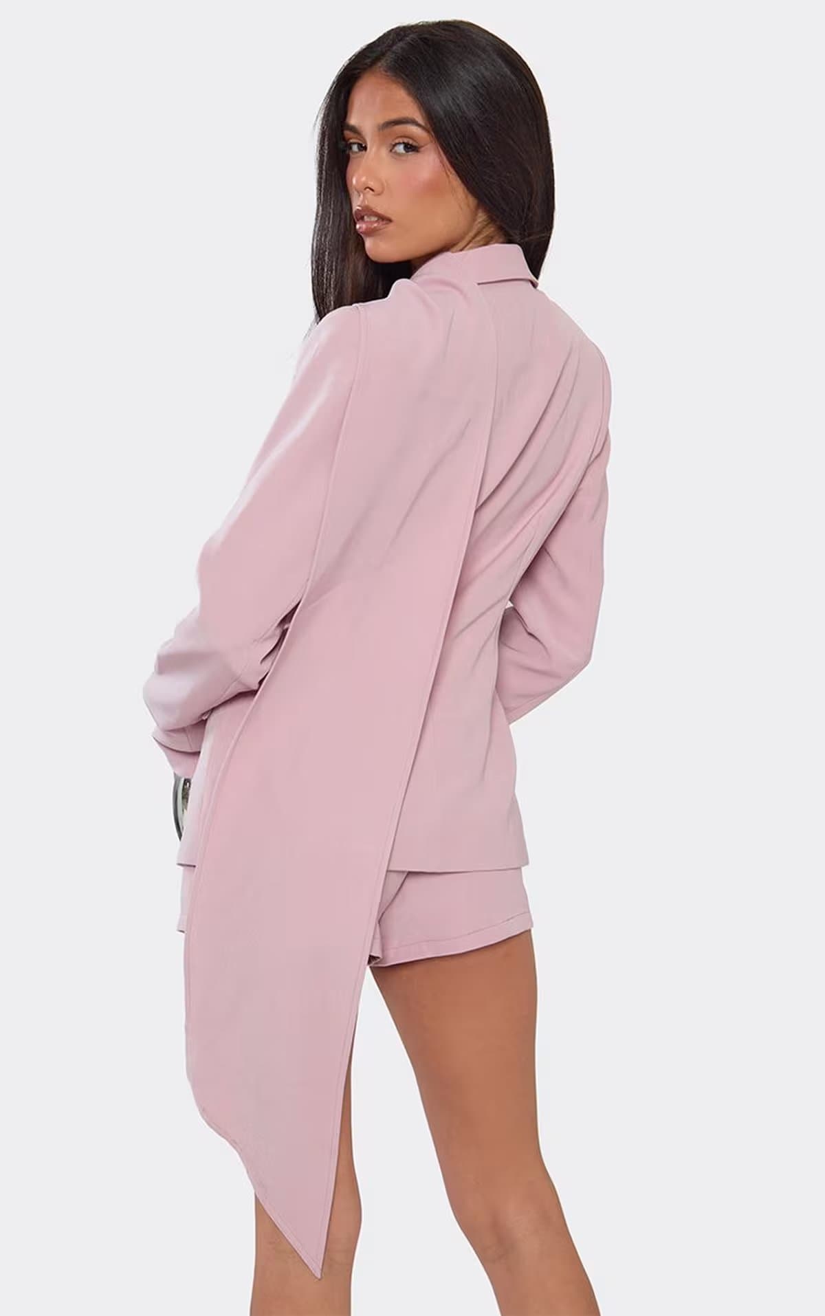 EGO Long Sleeve Scarf Detail Cinched Waist Tailored Blazer In Baby Pink, Women's Size UK 6