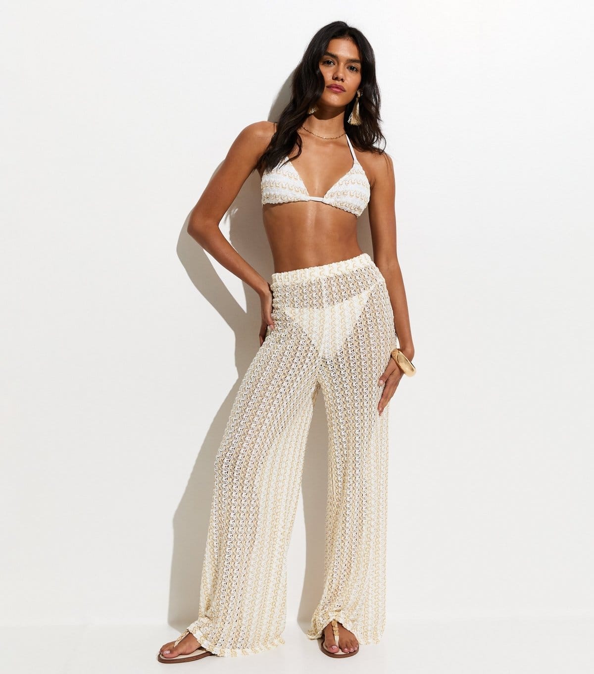 New Look Women's Gold Semi Sheer Lace Wide Leg Beach Trousers New Look - 3