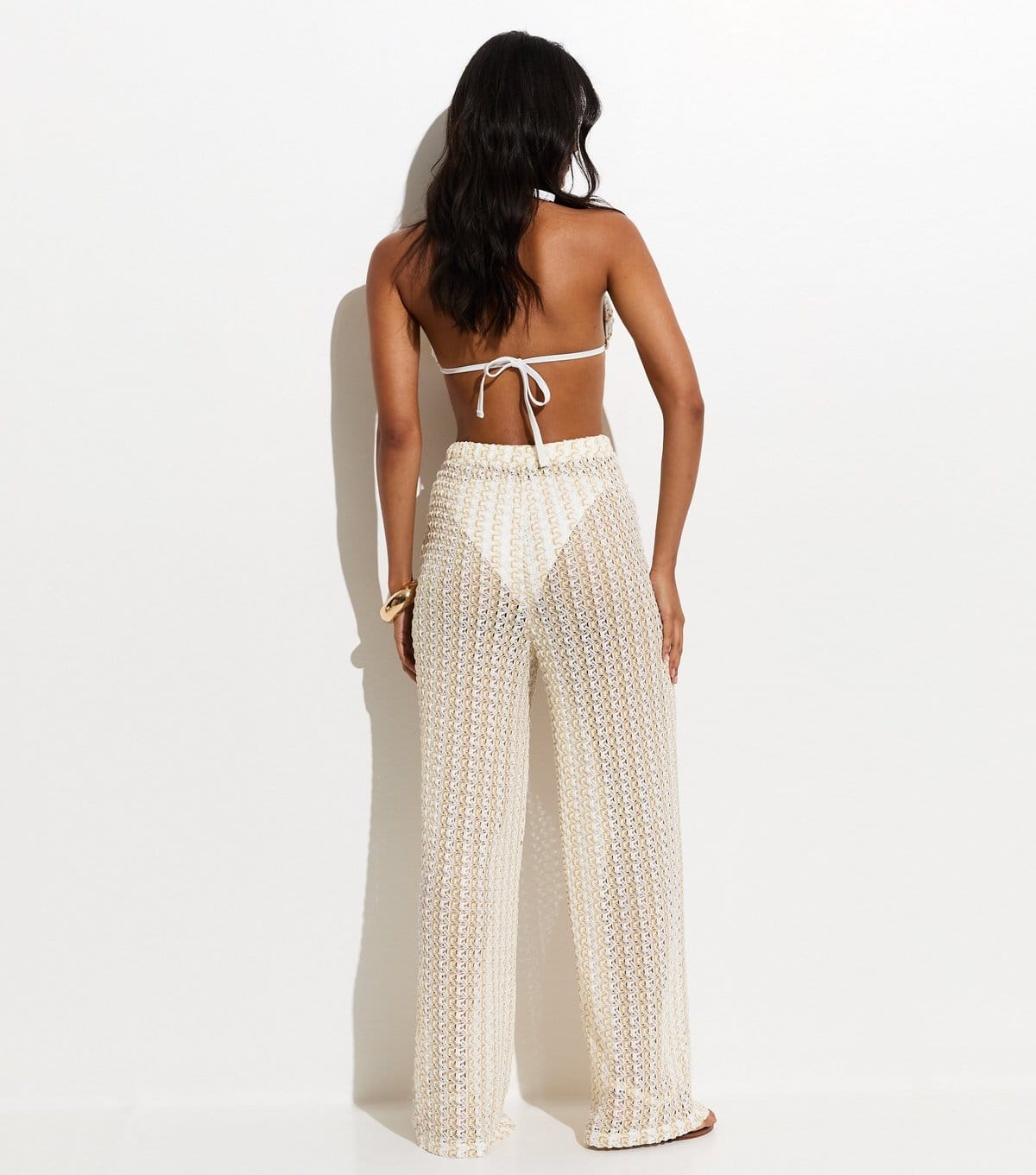 New Look Women's Gold Semi Sheer Lace Wide Leg Beach Trousers New Look - 4