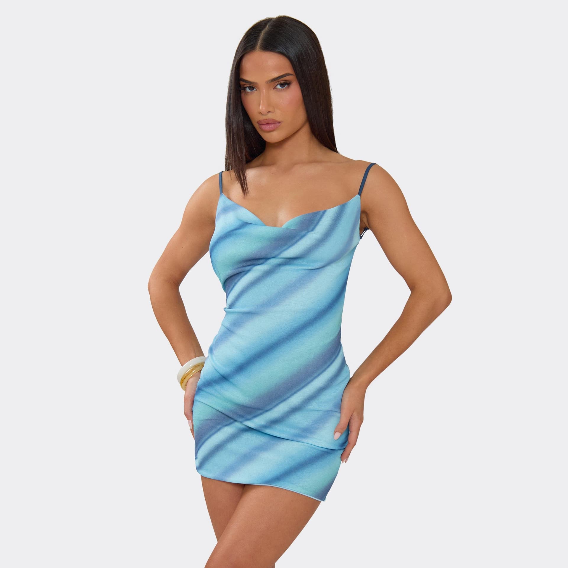 EGO Cowl Neck Low Back Mini Dress In Blue Ombre Stripe, Women's Size UK 6