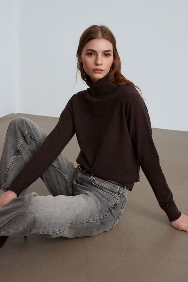 Dilvin Dilvin Women's Cashmere Turtleneck Sweater in Brown - 2
