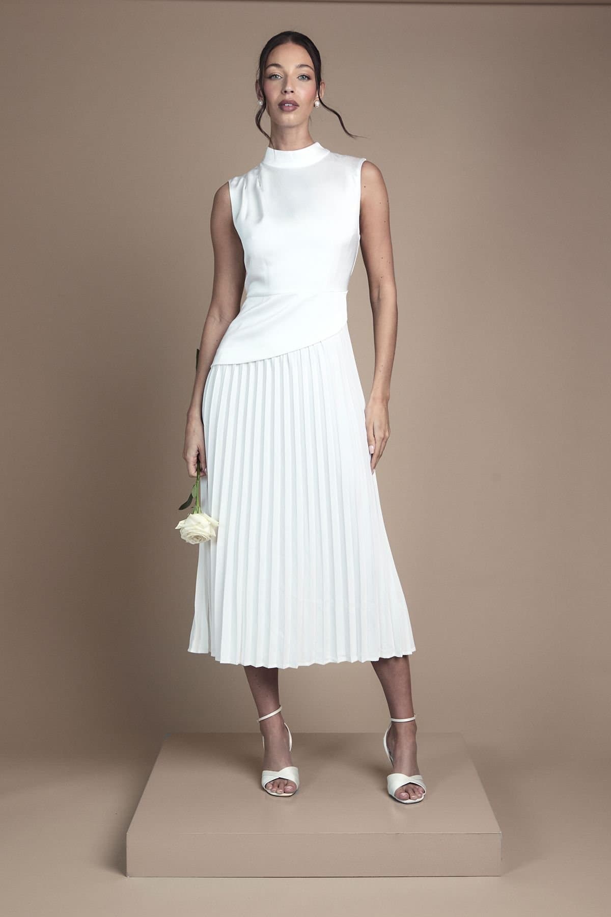 Coast Coast Women's Drape High Neck Pleated Skirt Midi Wedding Dress in Ivory