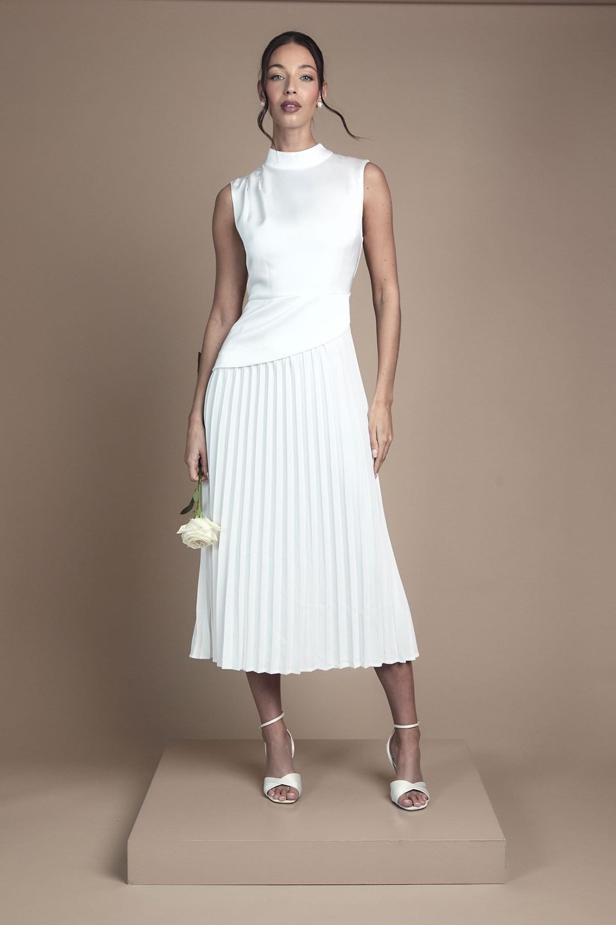Coast Ivory High Neck Pleated Midi Wedding Dress
