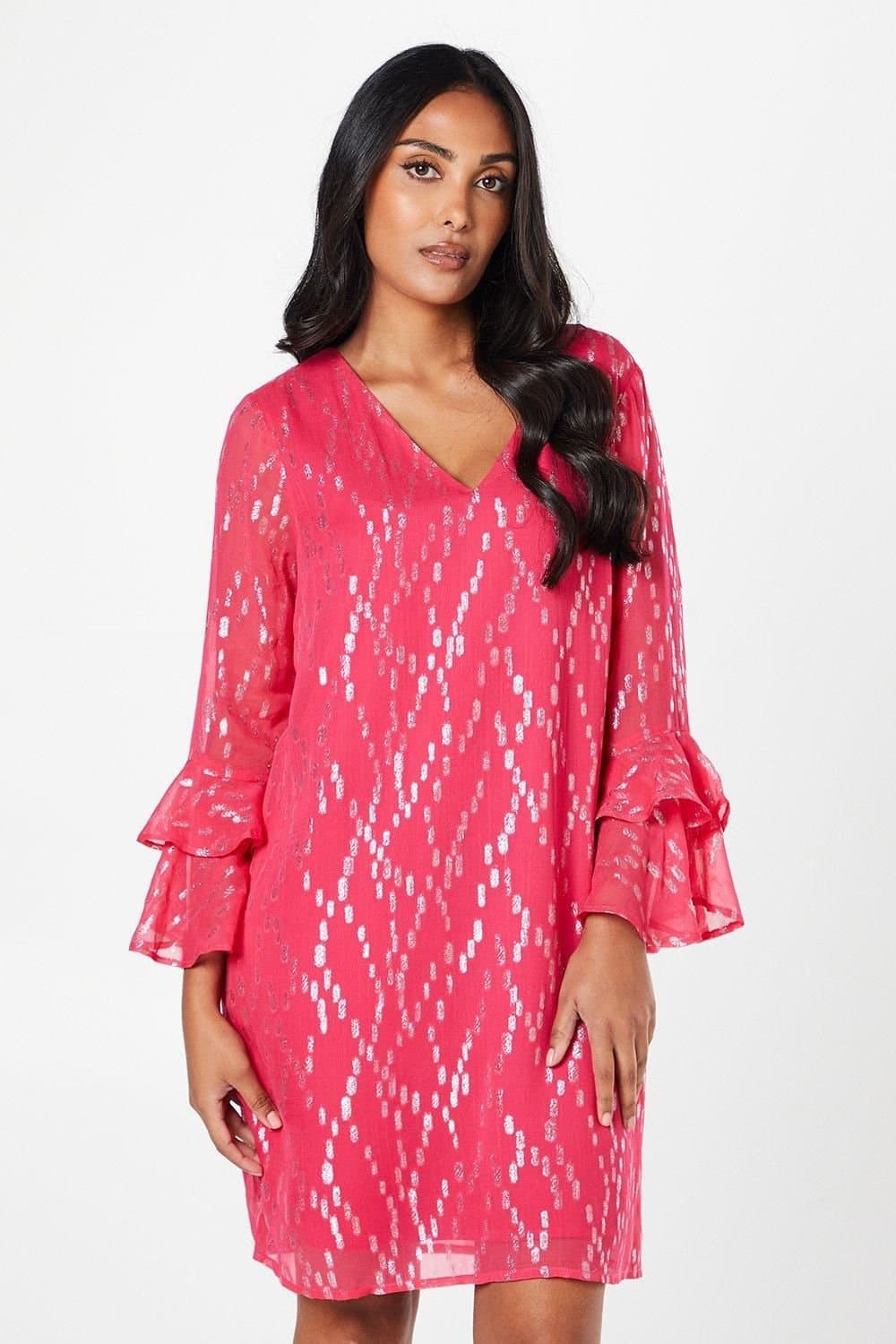 Wallis Wallis Women's Petite Metallic Ruffle Sleeve Shift Dress in Pink