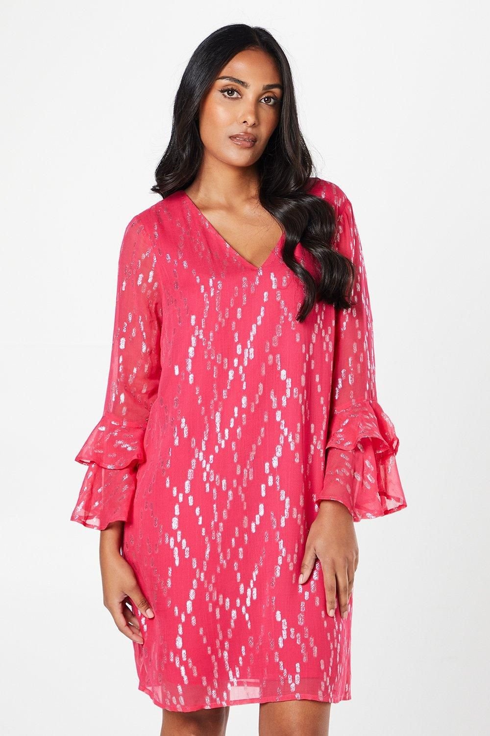 Wallis Wallis Women's Petite Metallic Ruffle Sleeve Shift Dress in Pink - 2
