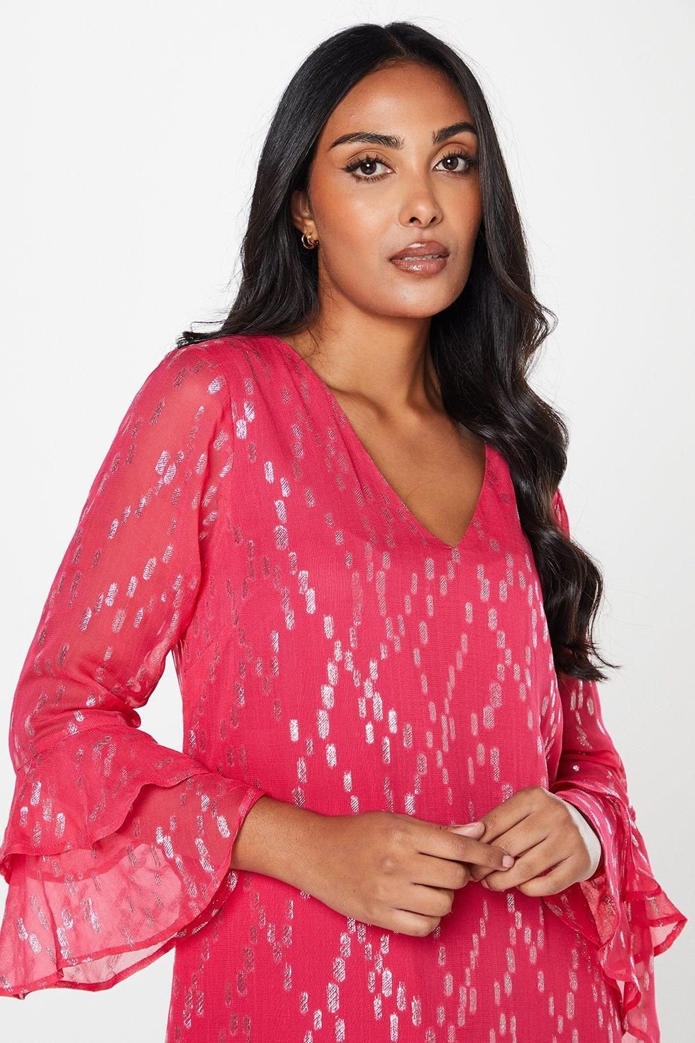 Wallis Wallis Women's Petite Metallic Ruffle Sleeve Shift Dress in Pink - 4