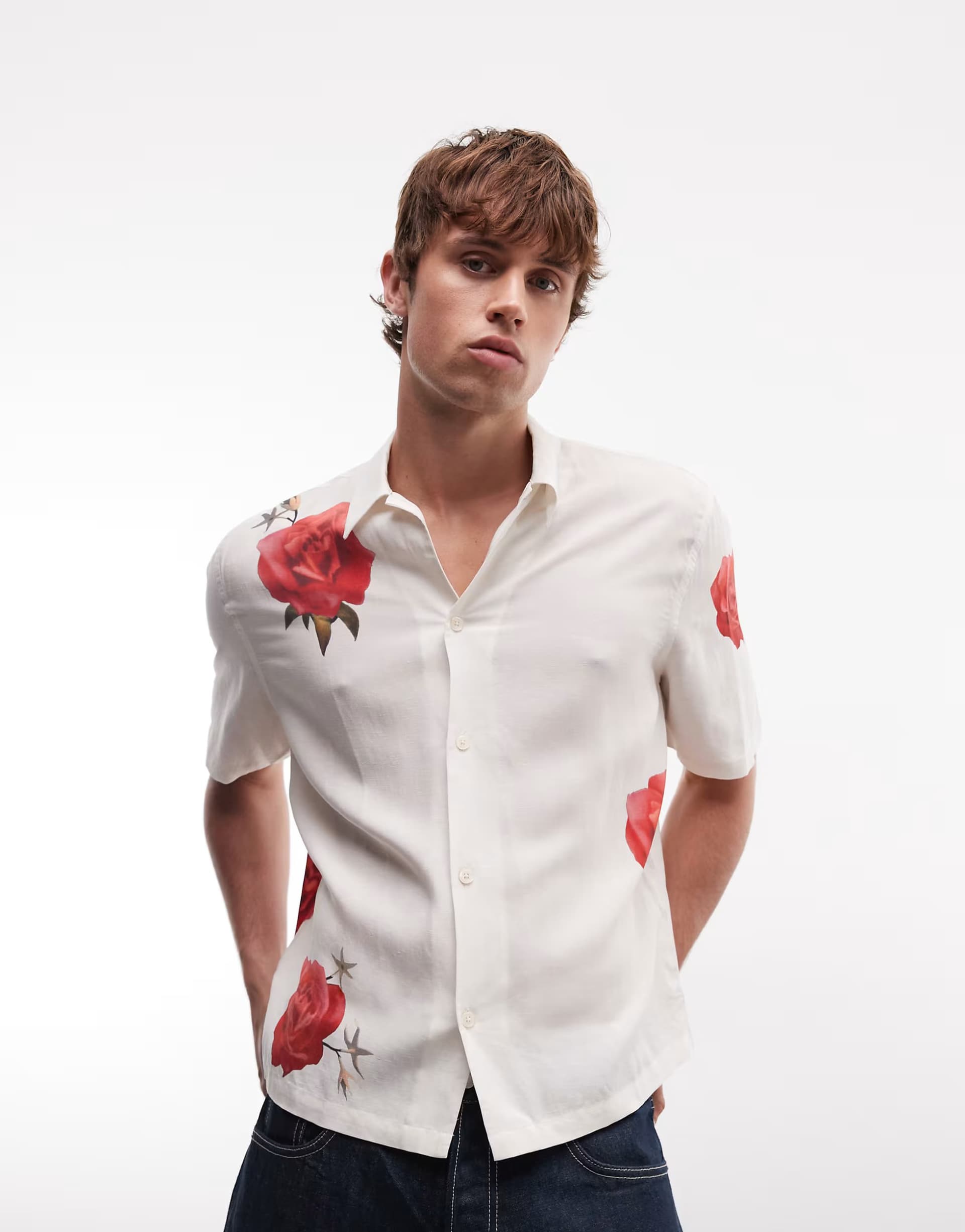 ASOS AllSaints Fleur Fazed short sleeve linen blend strawberry printed shirt in white