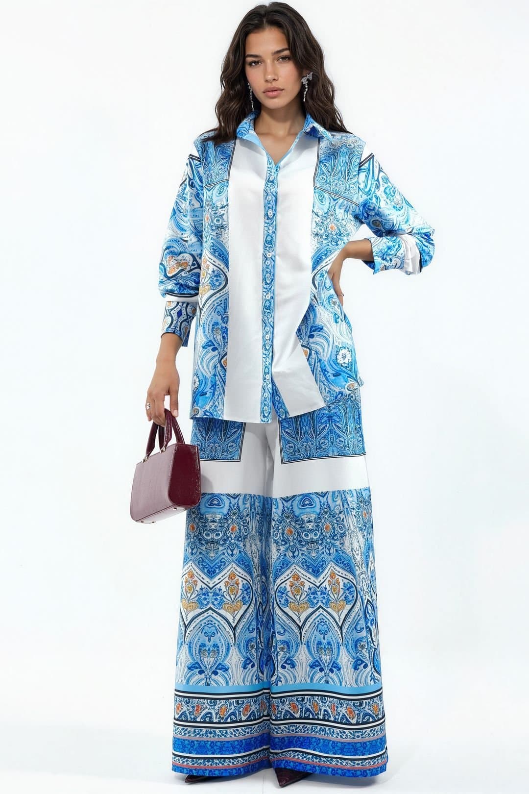 MSN Collection MSN Collection Women's Geometric Shirt & Wide-Leg Trouser Set