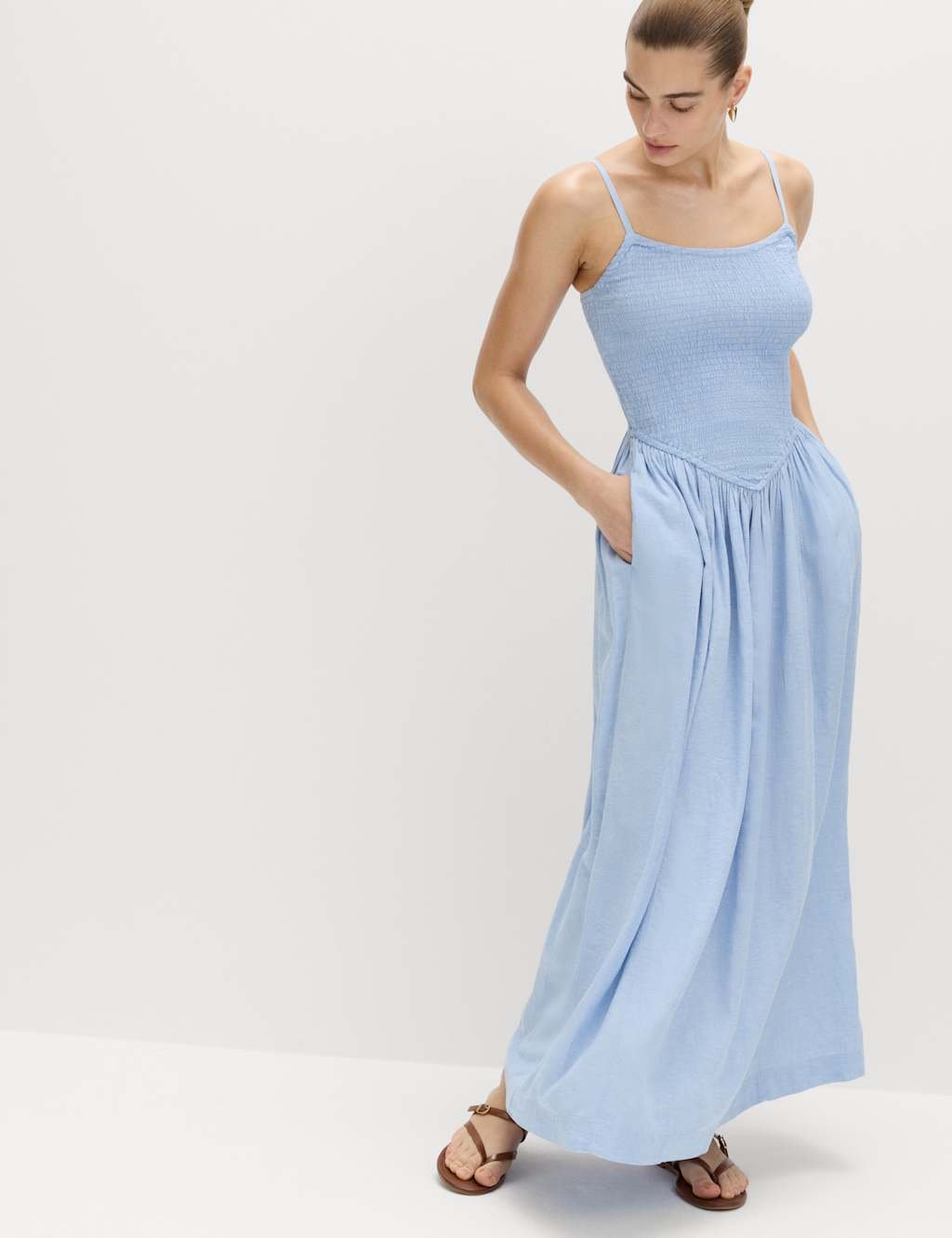 Marks & Spencer M&S Linen Rich Shirred Midi Dress Chambray - 2