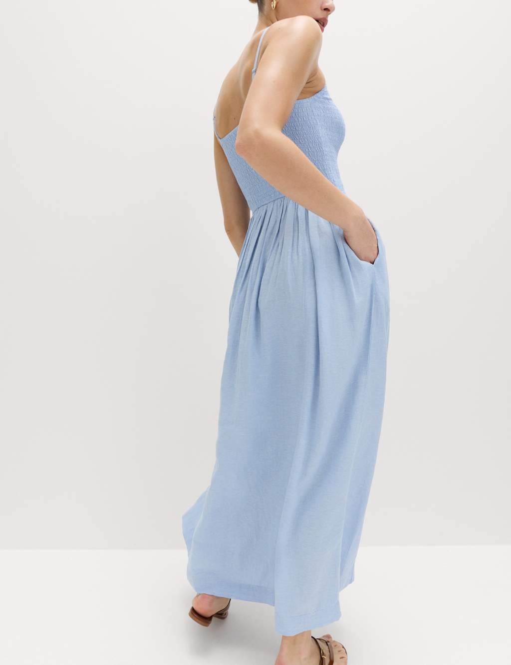 Marks & Spencer M&S Linen Rich Shirred Midi Dress Chambray - 4