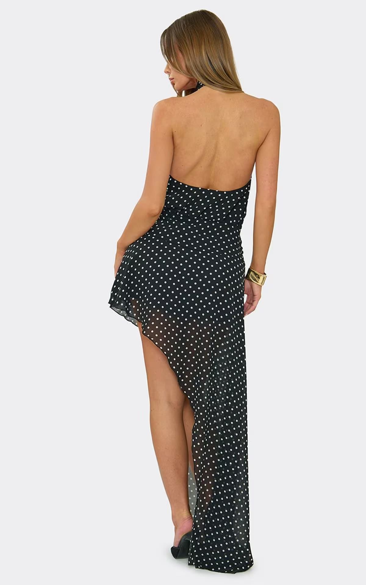 EGO Sleeveless Keyhole Cut Out Asymmetric Hem Mini Dress In Black Polka Dot, Women's Size UK 6
