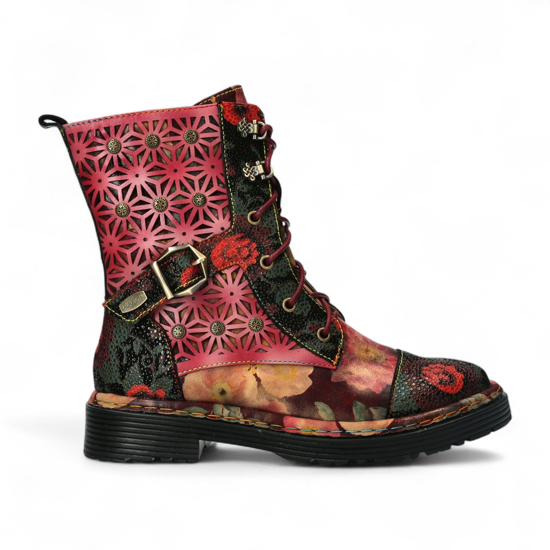 laura vita Laura Vita Women's Incaso 36 Floral Gothic Victorian Leather Ankle High Boots in Red