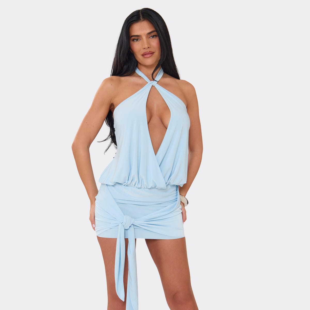 EGO Halterneck Key Hole Cut Out Detail Mini Dress In Baby Blue, Women's Size UK 6 - 1