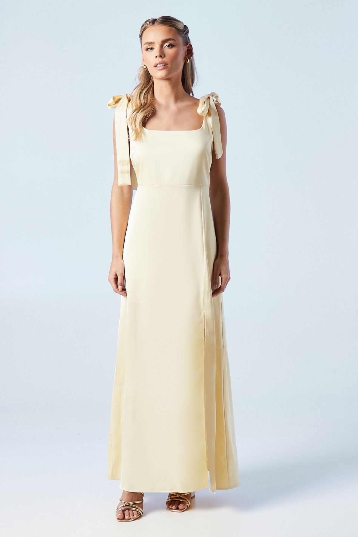 Oasis Oasis Women's Petite Satin Tie Shoulder Midi Bridesmaid Dress in Butter - 2