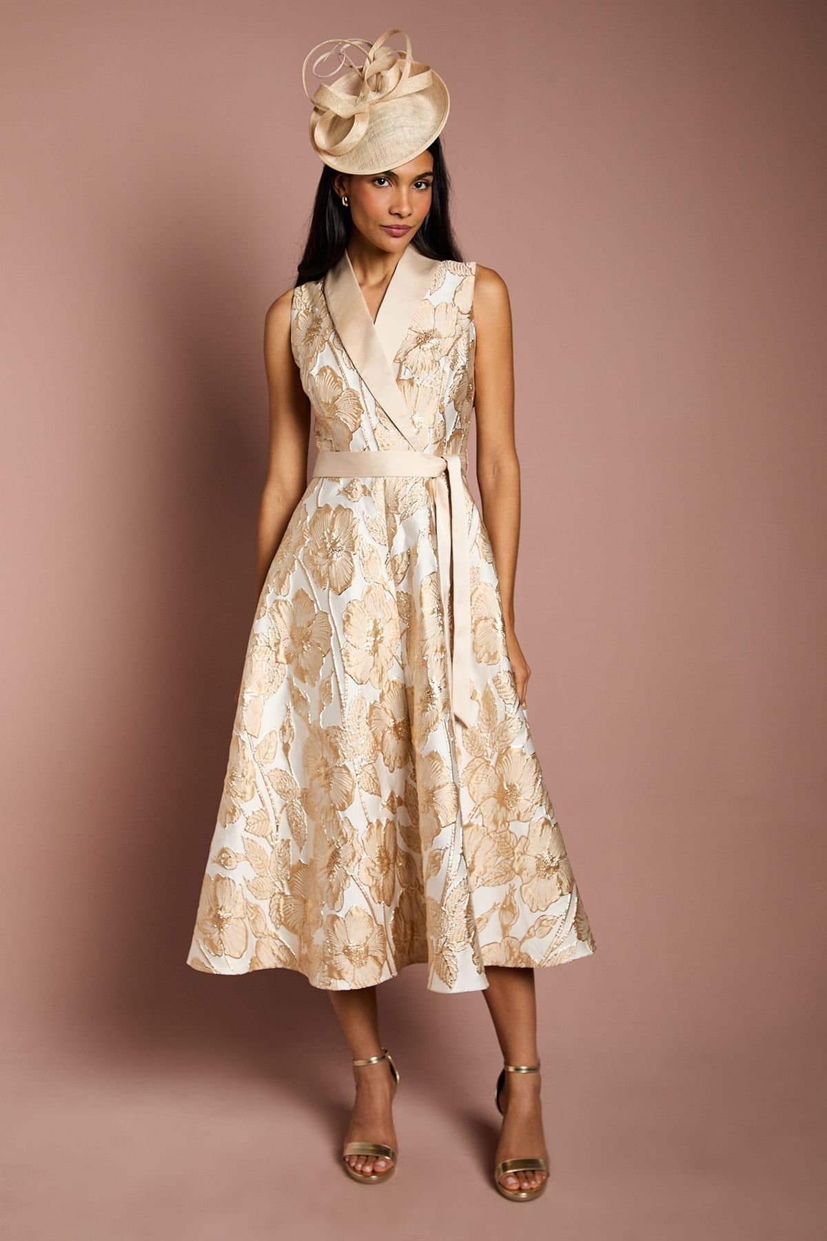 Coast Coast Women's Sleeveless Tux Jacquard Fit & Flare Midi Dress in Champagne