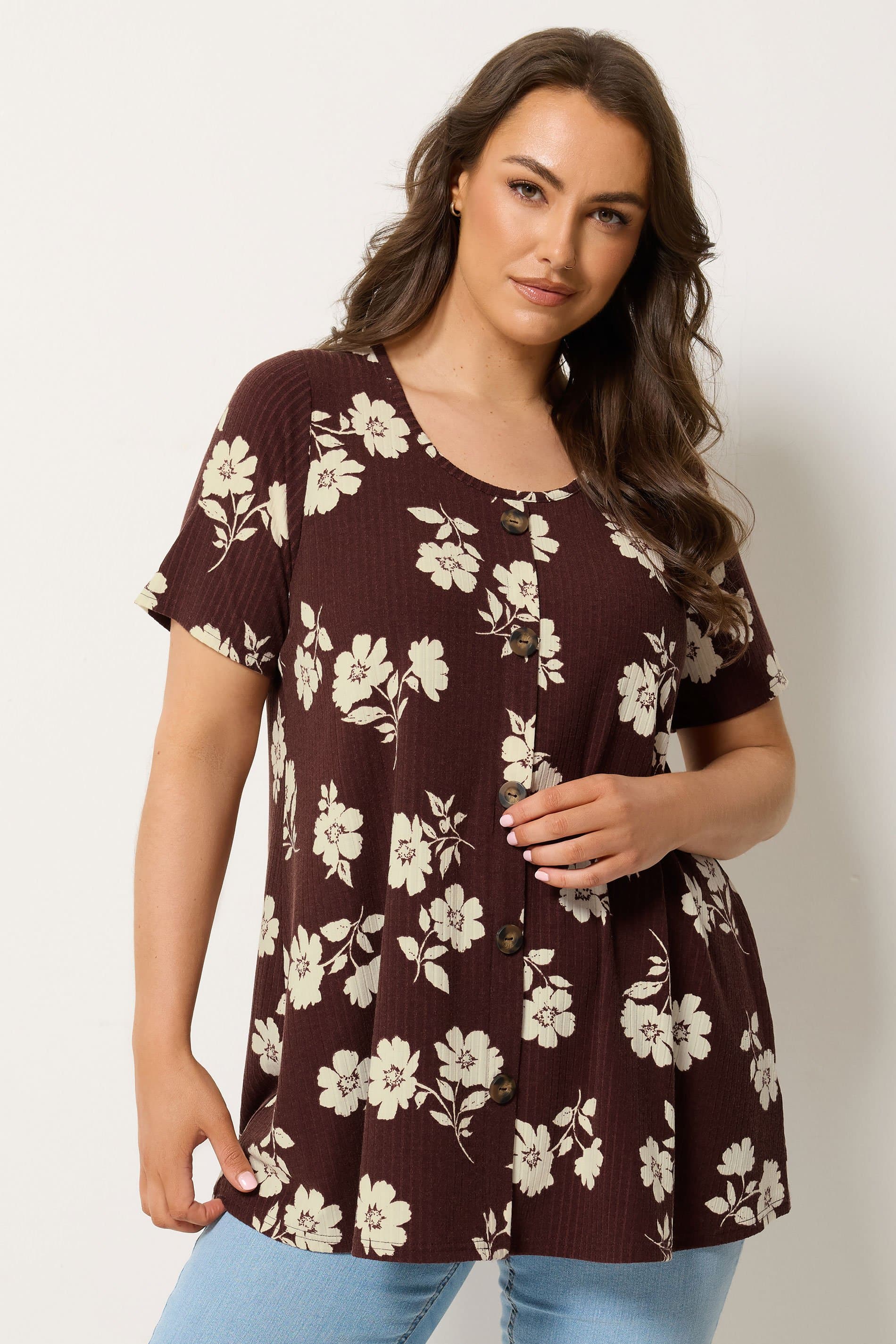 Yours Plus Size Brown Floral Button Front Ribbed Swing Top