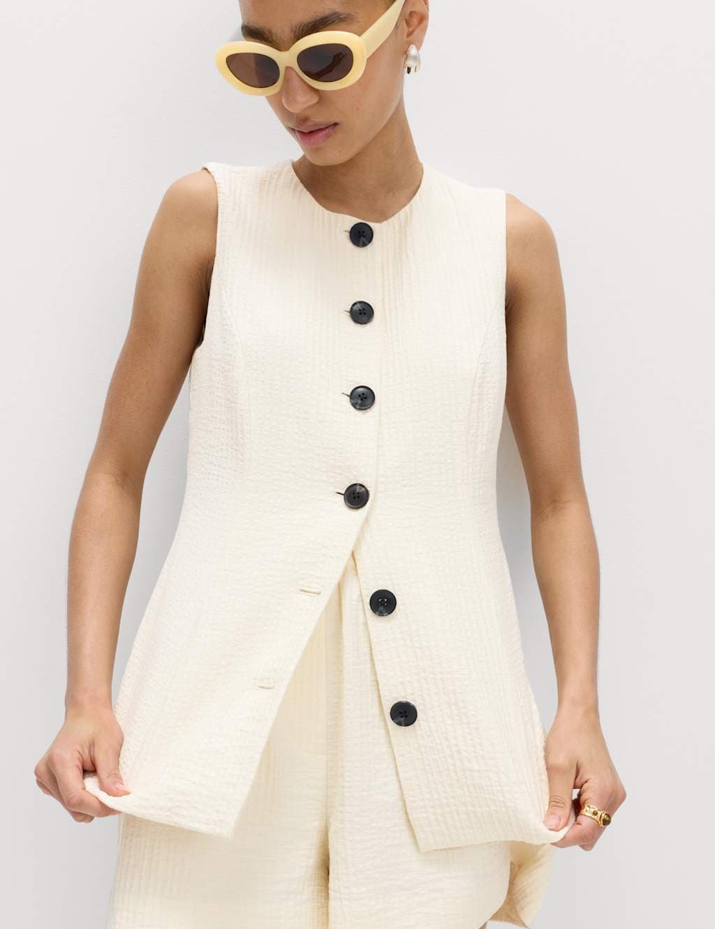 Marks & Spencer M&S Cotton Blend Textured Longline Waistcoat Ivory