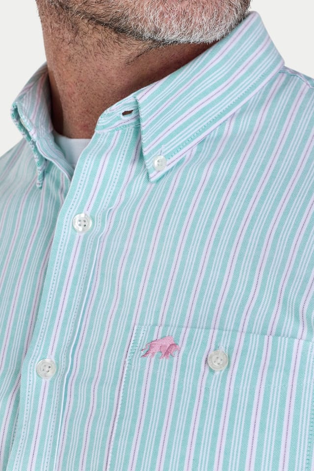 raging bull Raging Bull Men's Long Sleeve Stanford Stripe Oxford Shirt in Aqua - 3