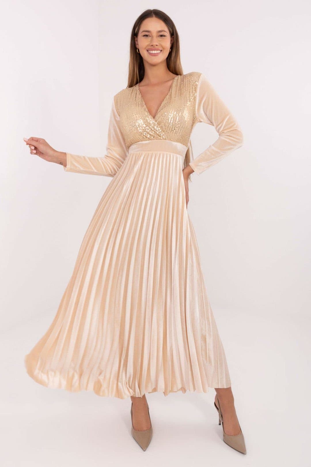 Love Lace Love Lace Women's Wrap Neck Maxi Dress with Sequin Pleats in Beige