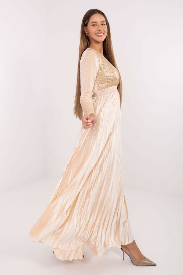 Love Lace Love Lace Women's Wrap Neck Maxi Dress with Sequin Pleats in Beige - 2