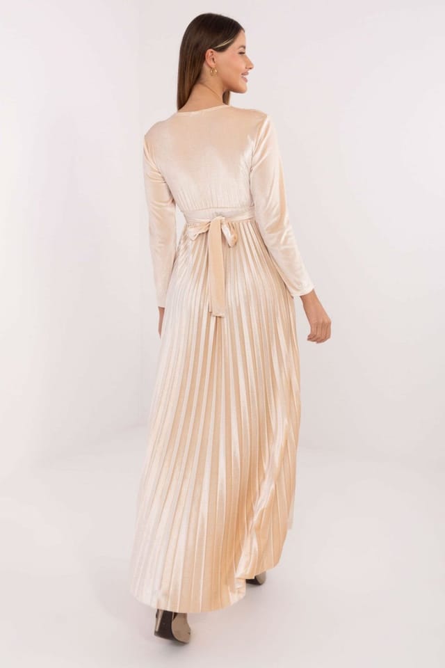 Love Lace Love Lace Women's Wrap Neck Maxi Dress with Sequin Pleats in Beige - 3