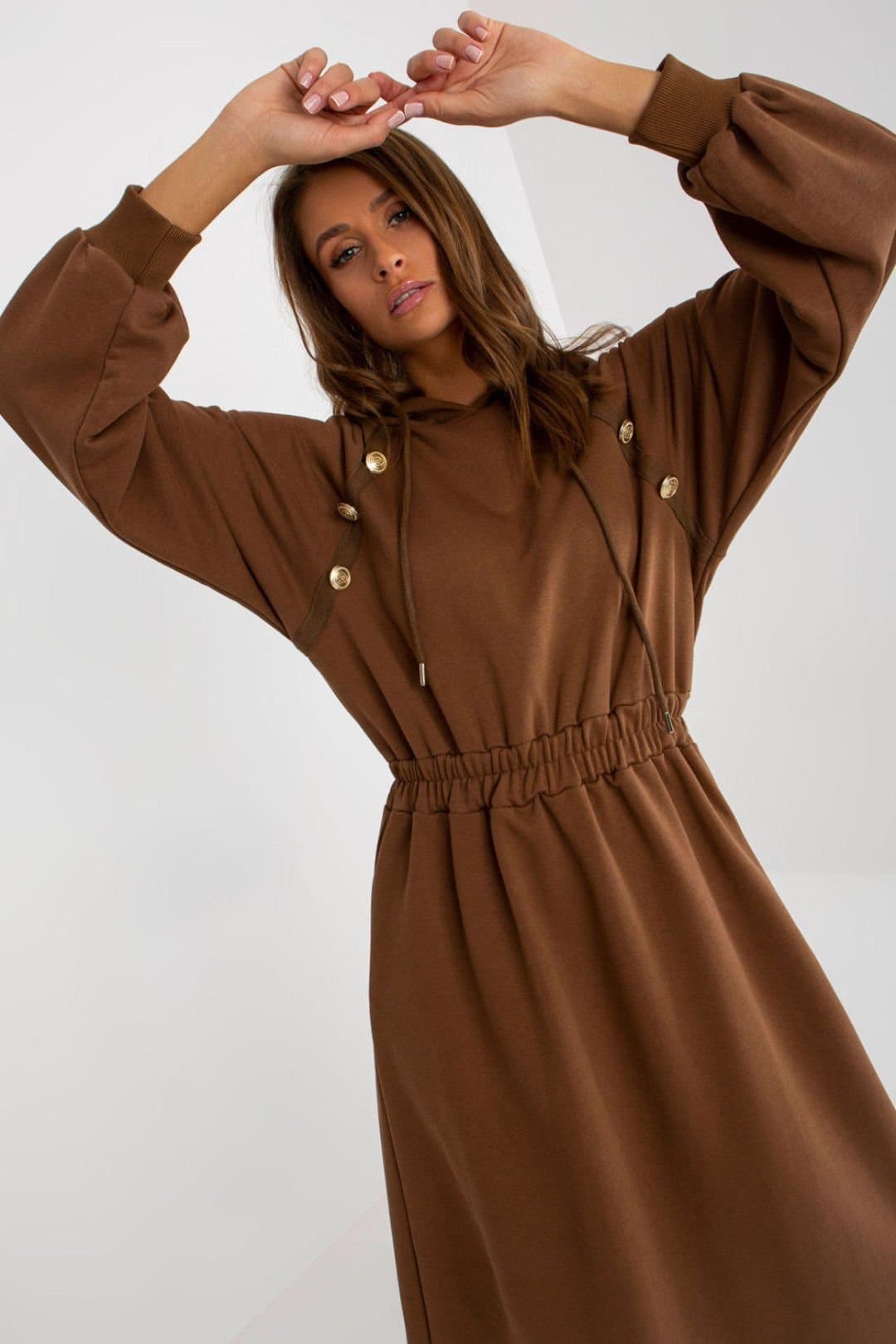 Love Lace Love Lace Women's Hooded Sweatshirt Dress with Elastic Waist in Brown