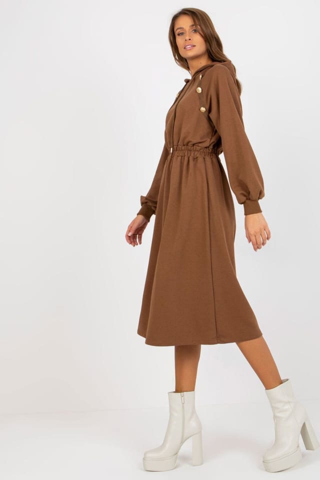 Love Lace Love Lace Women's Hooded Sweatshirt Dress with Elastic Waist in Brown - 2