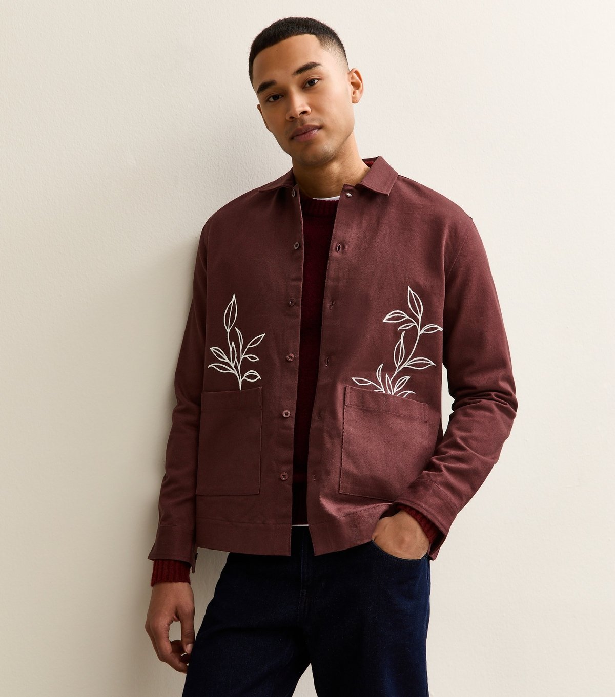 New Look Men's Dark Brown Boxy Embroidered Overshirt Jacket New Look - 2