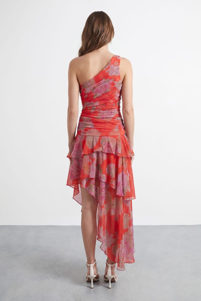 Warehouse Warehouse Women's Floral Print Halterneck Asymmetric Hem Ruffle Dress in Red - 2