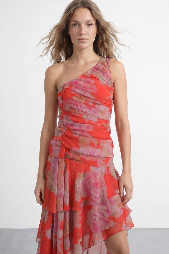 Warehouse Warehouse Women's Floral Print Halterneck Asymmetric Hem Ruffle Dress in Red - 3