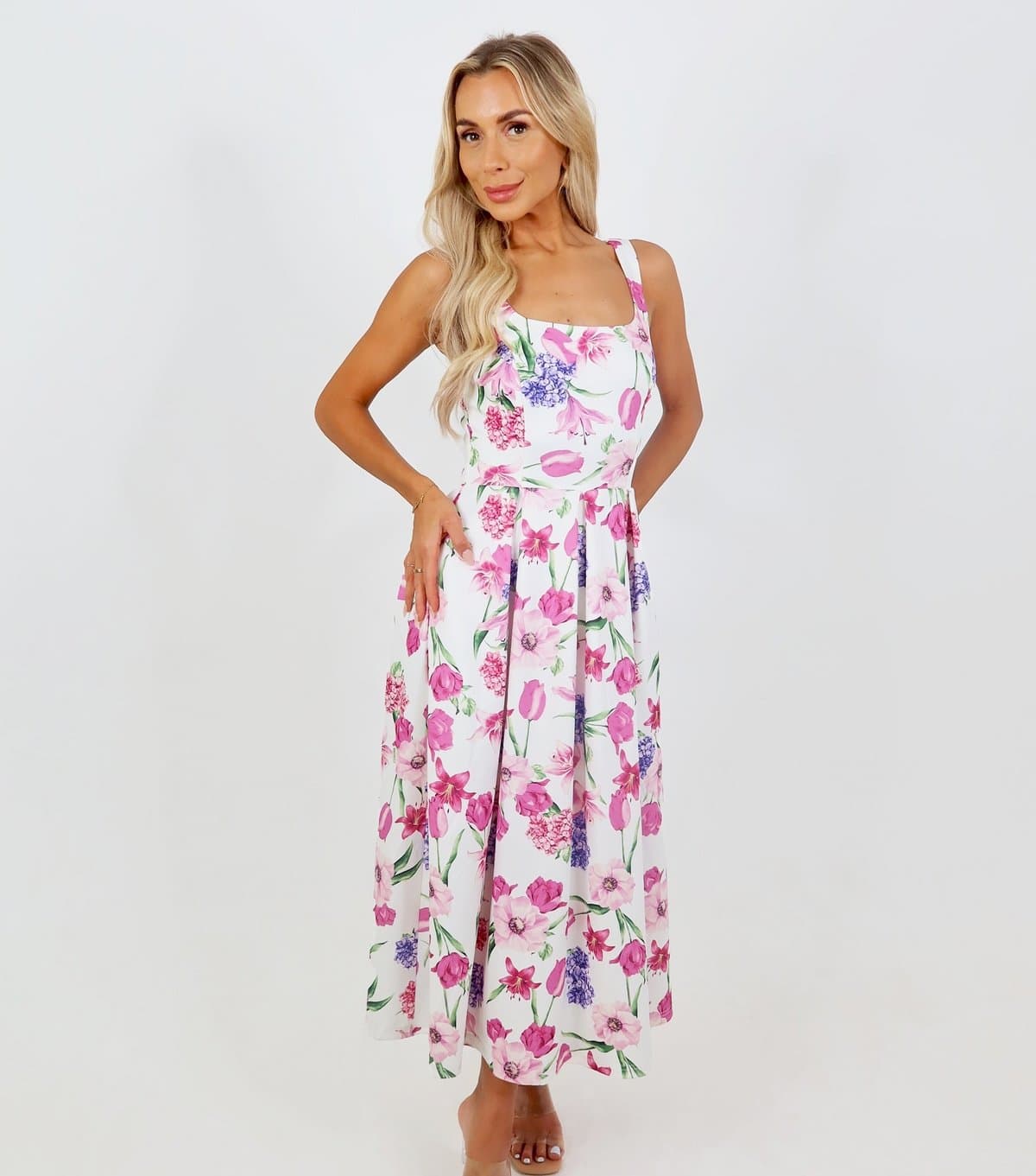 AX Paris Women's Pink Floral Print Square Neck Midi Dress AX Paris New Look