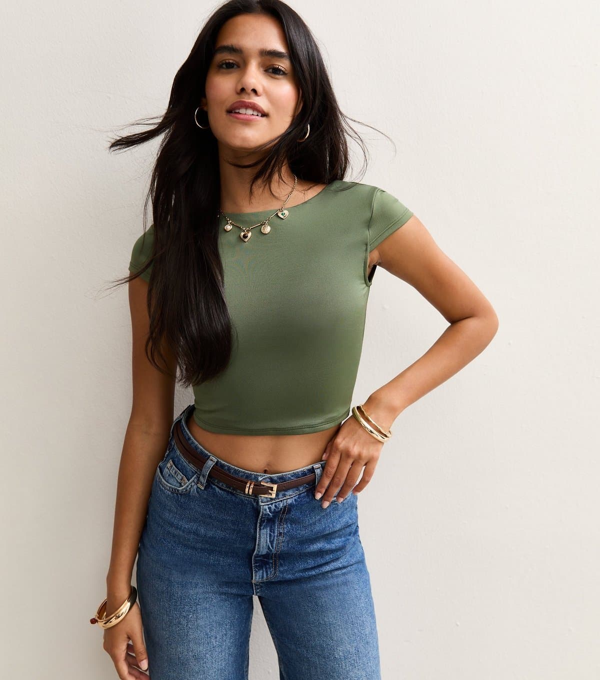 New Look New Look Khaki Scoop Back Jersey Cropped T-Shirt