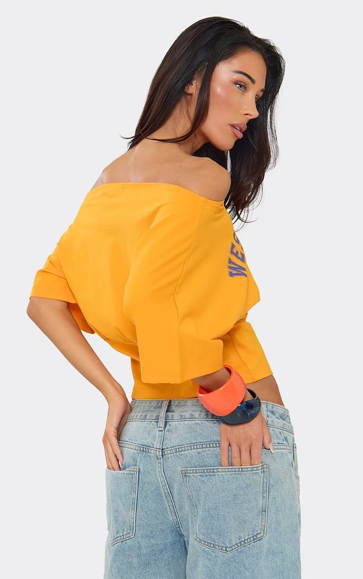 EGO Orange Off-The-Shoulder Fitted Waist Graphic Top