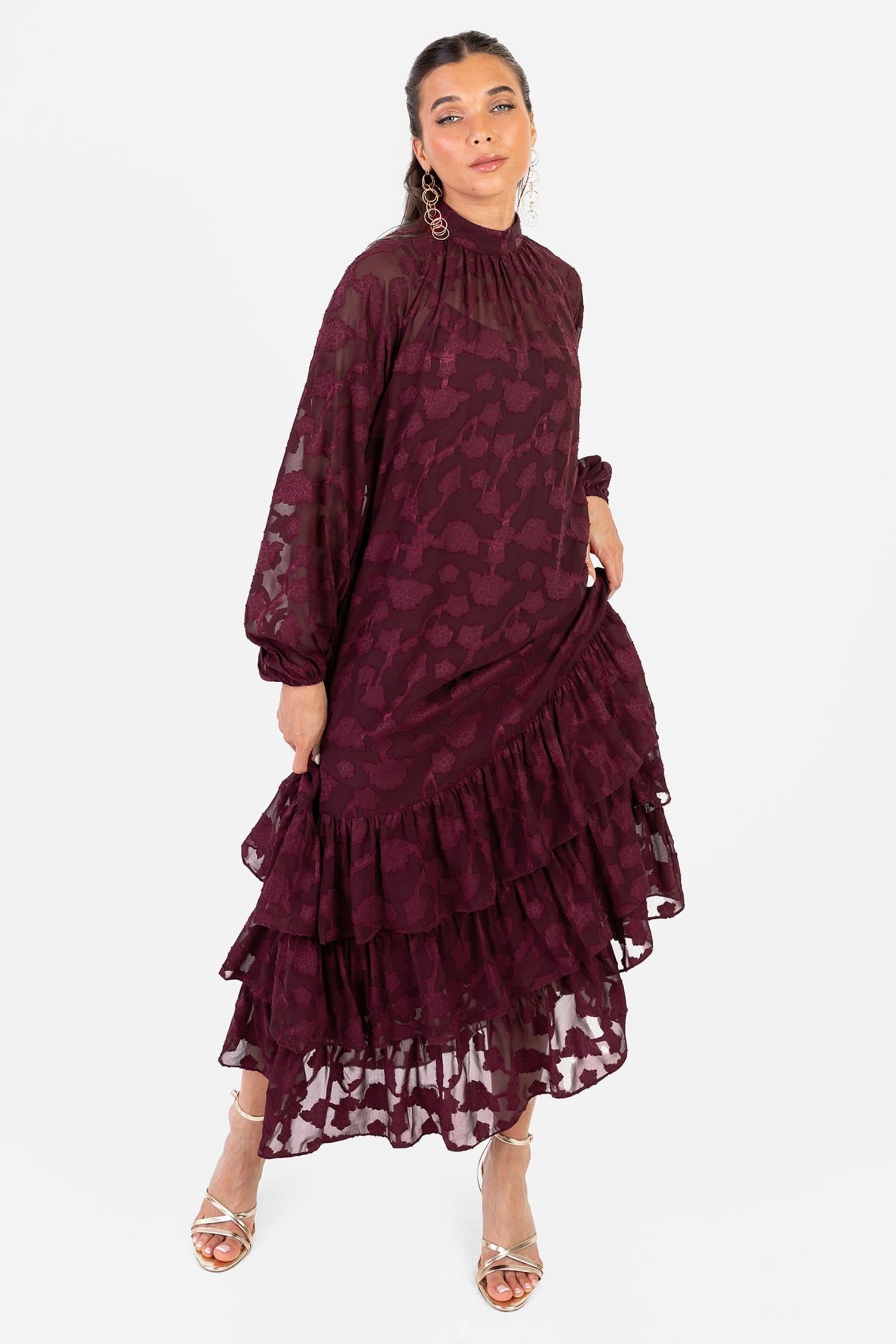 Anaya with Love Anaya with Love Women's Floral Burnout Long Sleeve Trapeze Midaxi Dress in Red