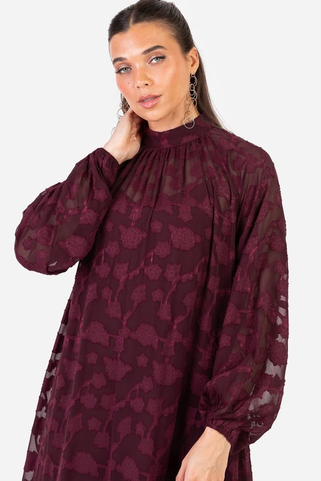 Anaya with Love Anaya with Love Women's Floral Burnout Long Sleeve Trapeze Midaxi Dress in Red - 3