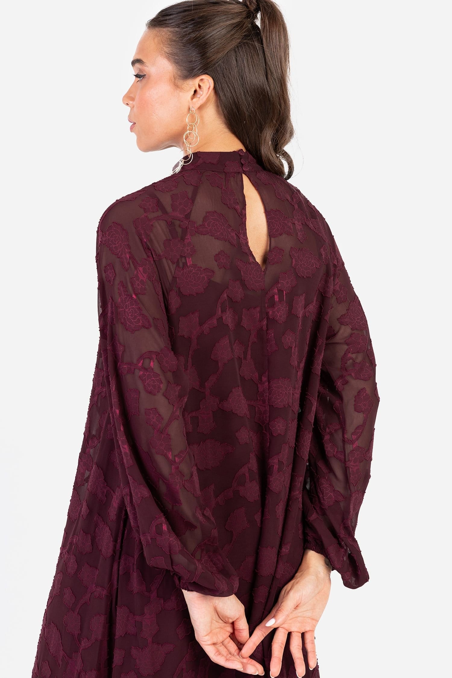 Anaya with Love Anaya with Love Women's Floral Burnout Long Sleeve Trapeze Midaxi Dress in Red - 4