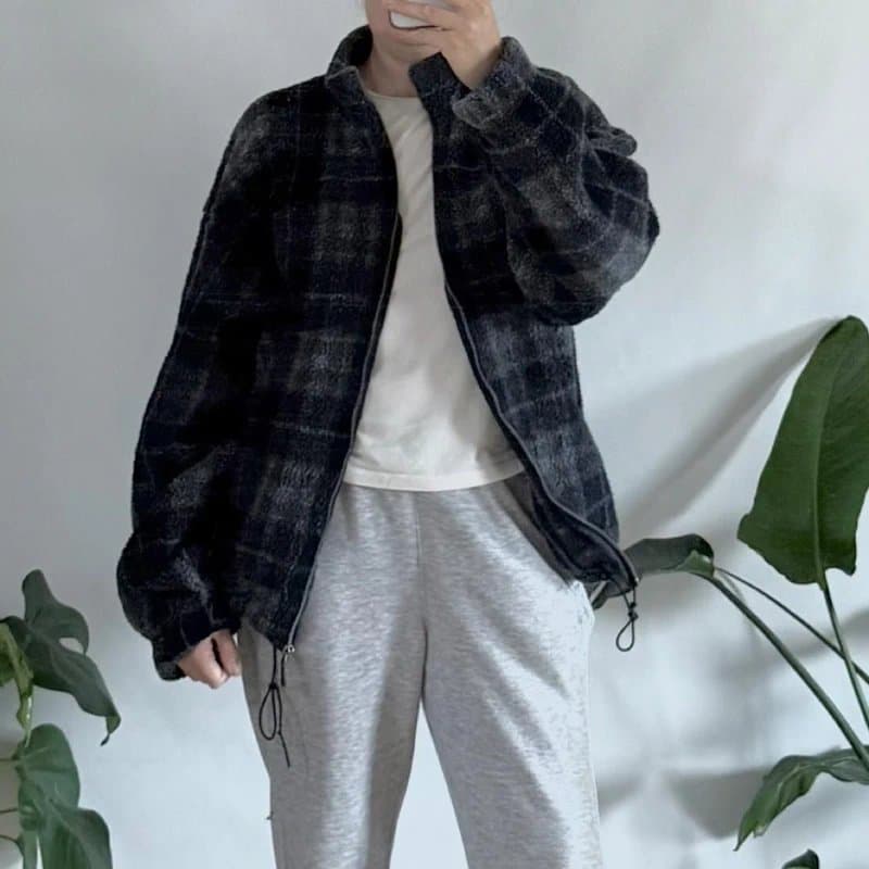 St Michael Navy Oversized plaid Fleece Jacket 90s Vintage