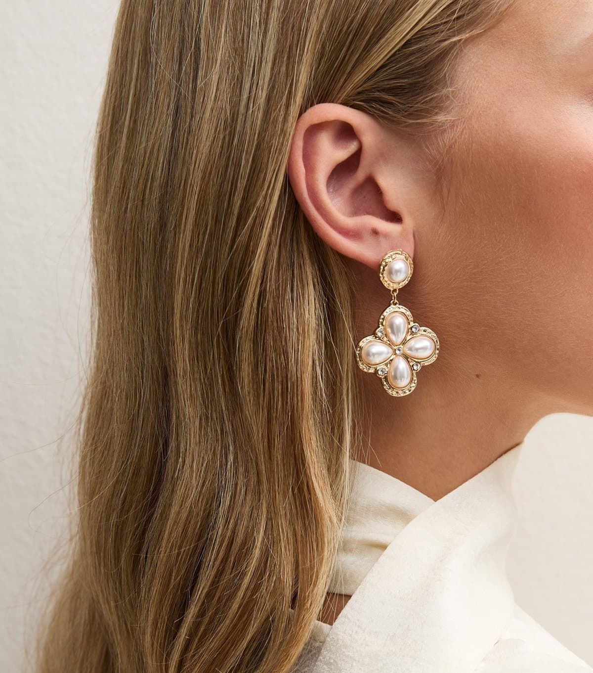 New Look Gold-Tone Faux Pearl Flower Drop Earrings New Look