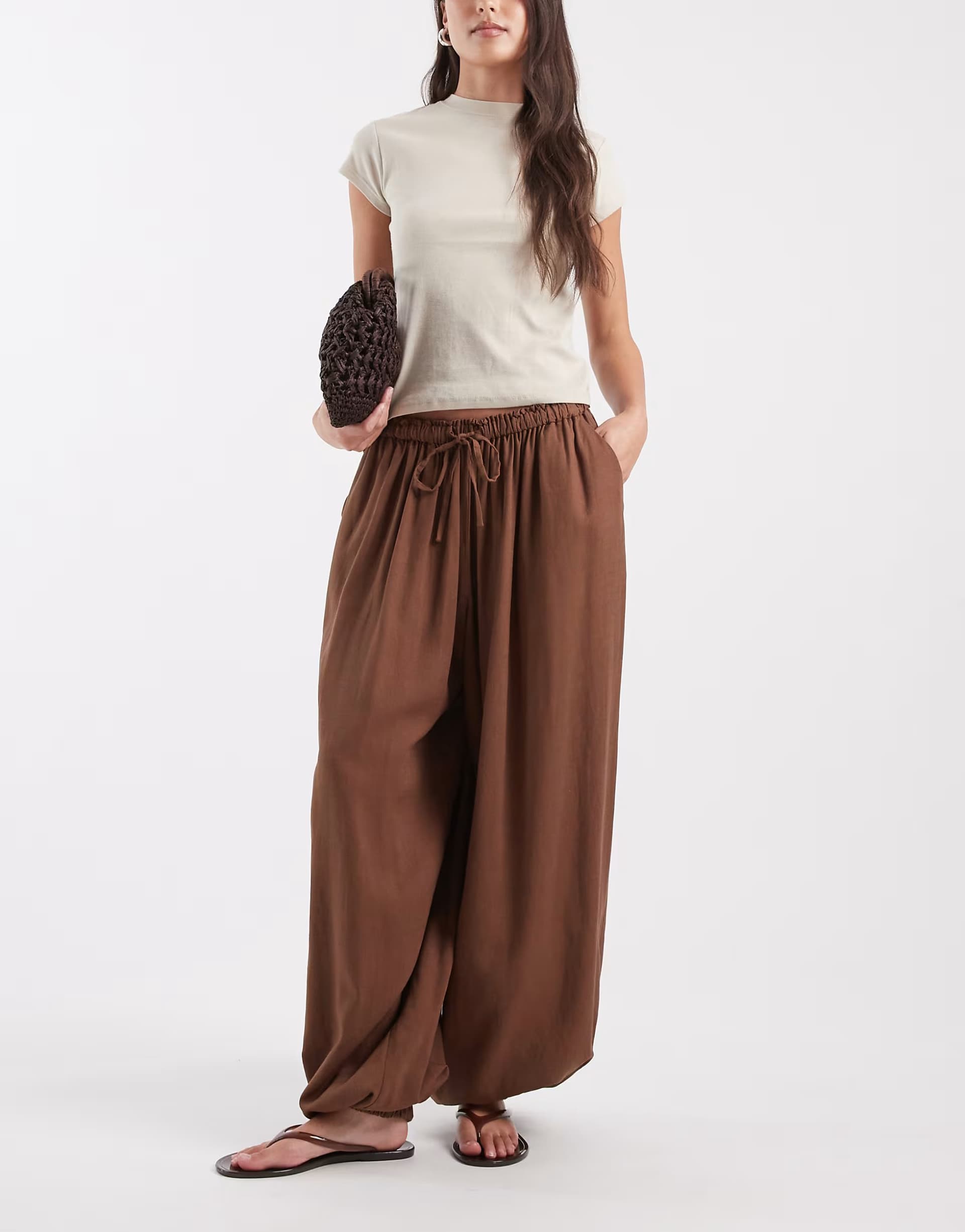 ASOS ASOS DESIGN pull on balloon trousers in linen mix in chocolate