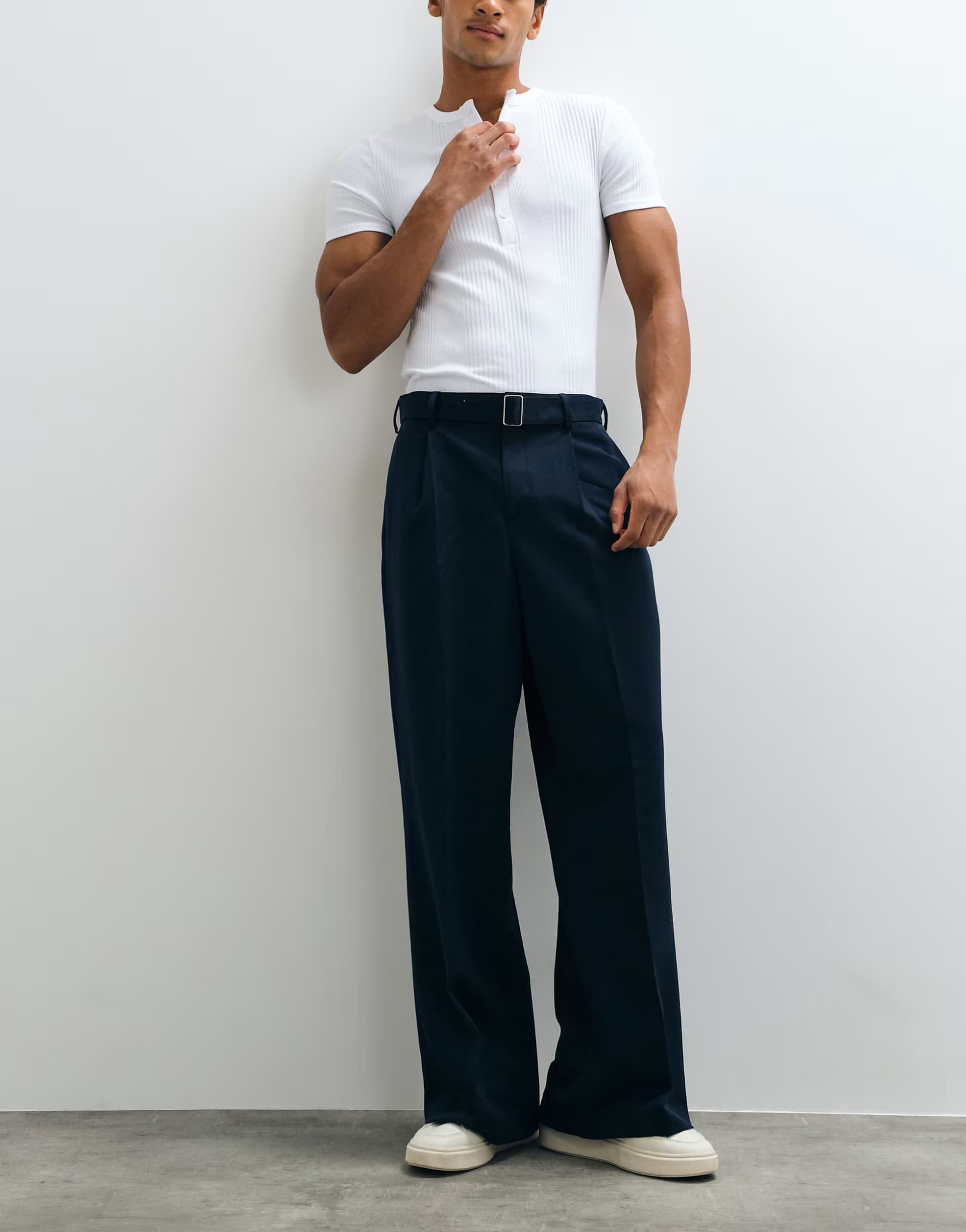ASOS ASOS DESIGN tailored loose leg trousers with buckle belt in navy