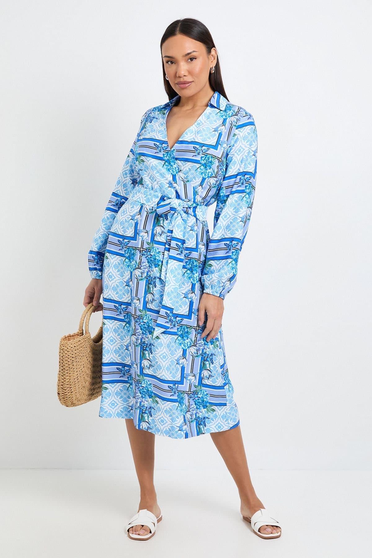 Wallis Wallis Women's Tile Print Wrap Midi Dress in Blue