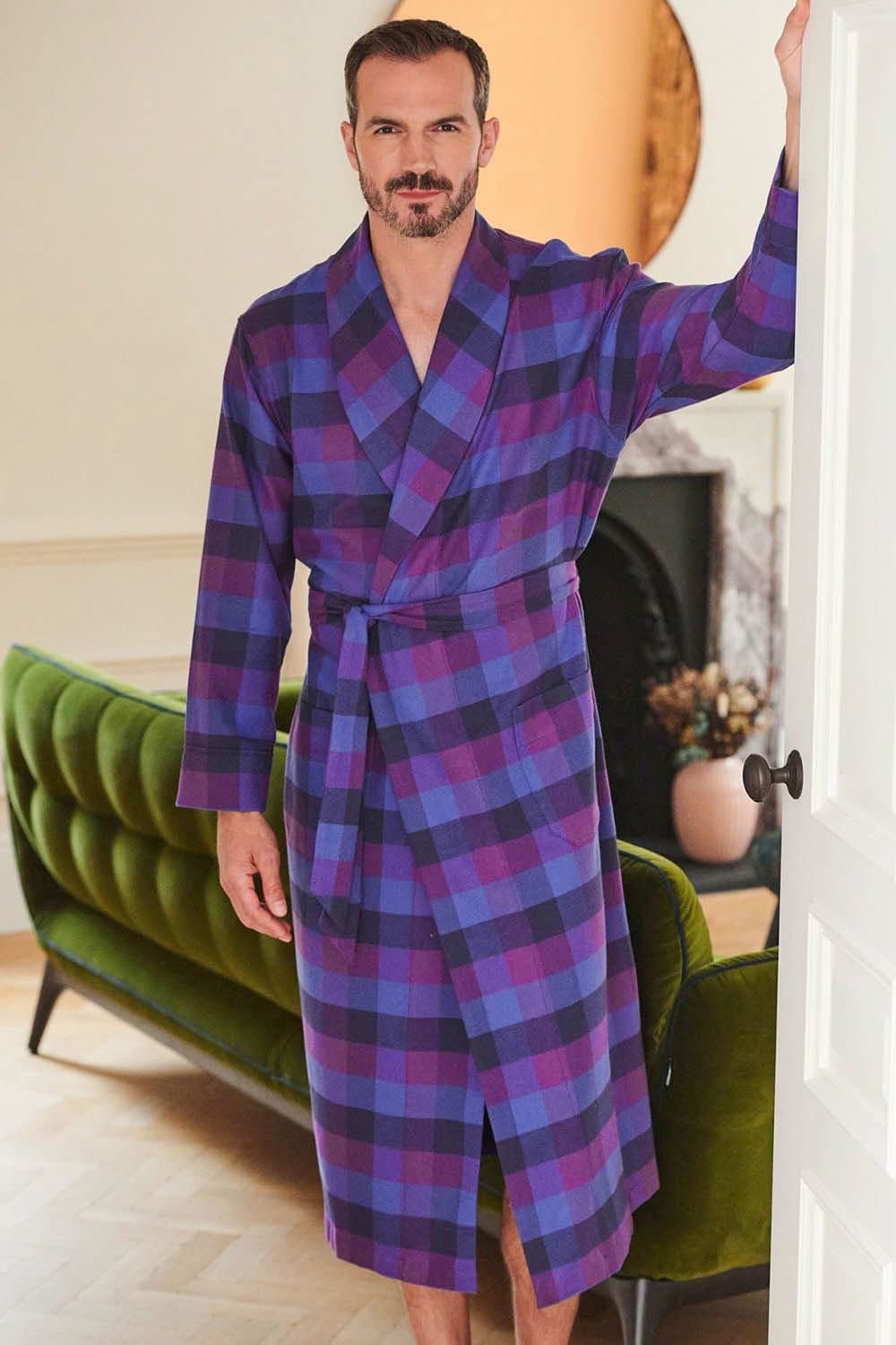 British Boxers British Boxers Men's "Berwick" Check Brushed Cotton Dressing Gown in Plum