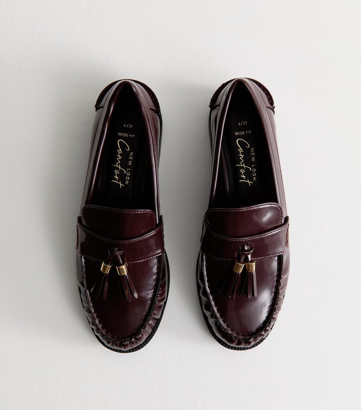 New Look Women's Wide Fit Burgundy Faux Leather Gold Tassel Loafers Vegan New Look